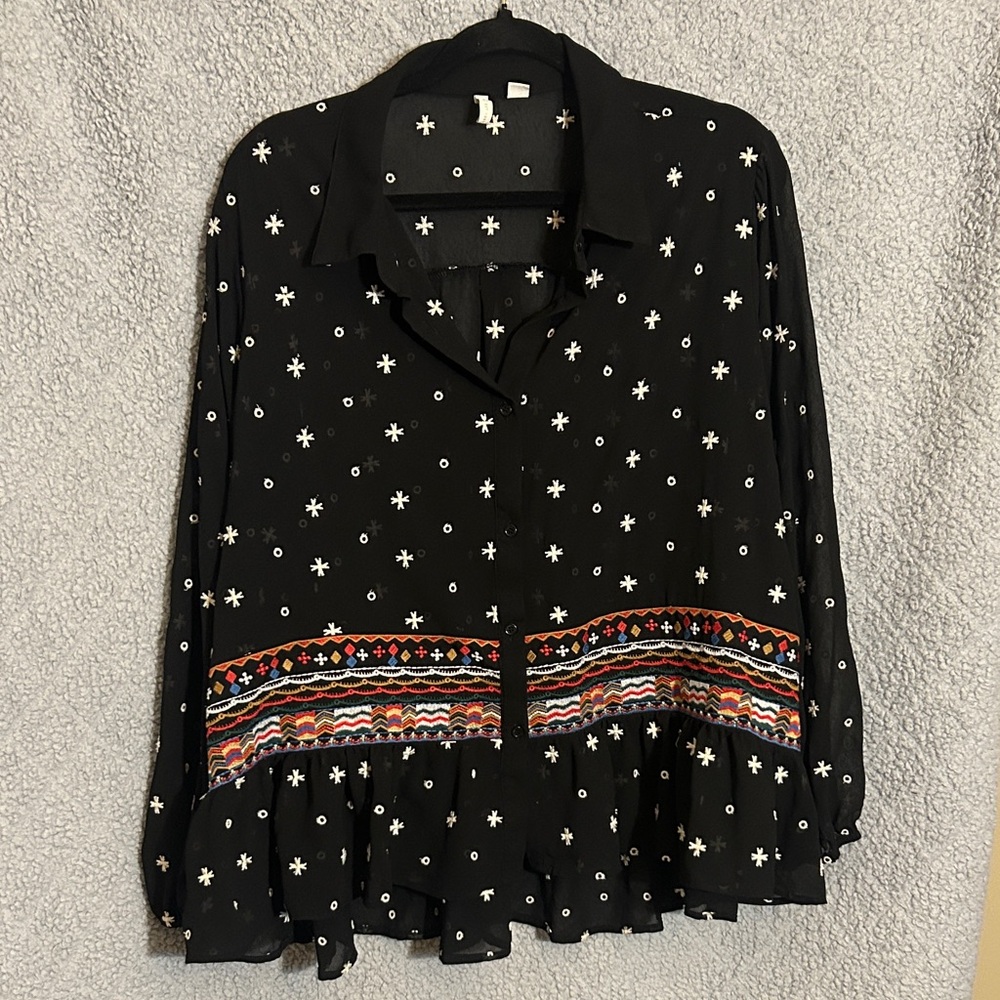 Cato Black Button-Down Top with Multicolor Embroidered Hem